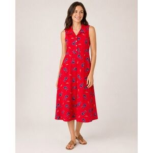Vintage Zip Code Collared Maxi Dress Womens Large Red Cotton Fish Print Mexico